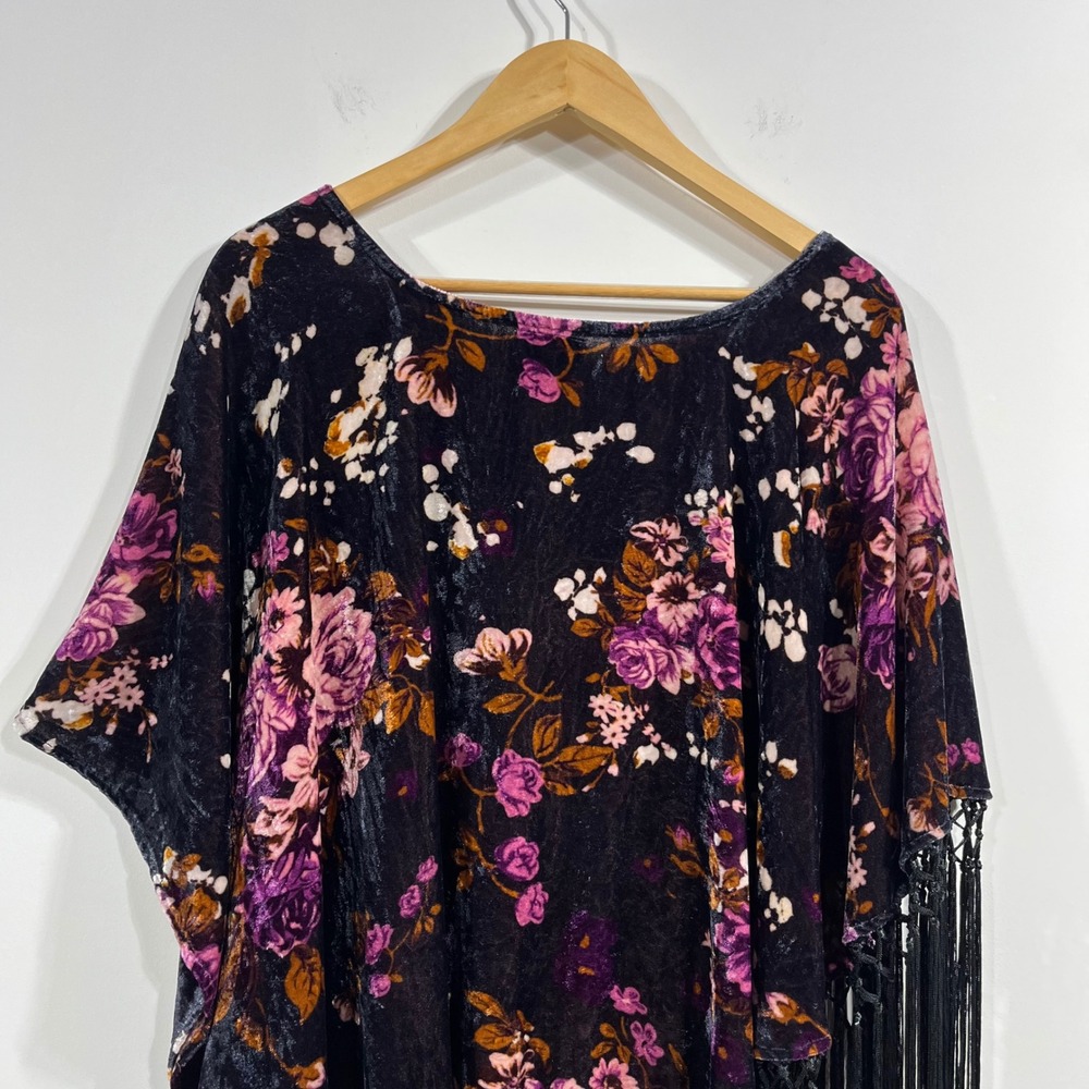 Saachi Anthropologie Womens Floral Velvet Fringe Poncho Top Boho Asymmetrical OS - Picture 11 of 12